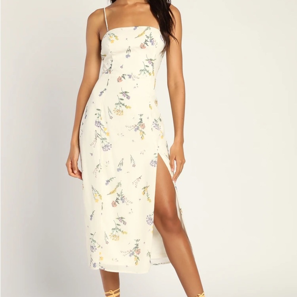 Lulus Feel the Love Ivory Floral Print Lace-Up Midi Dress